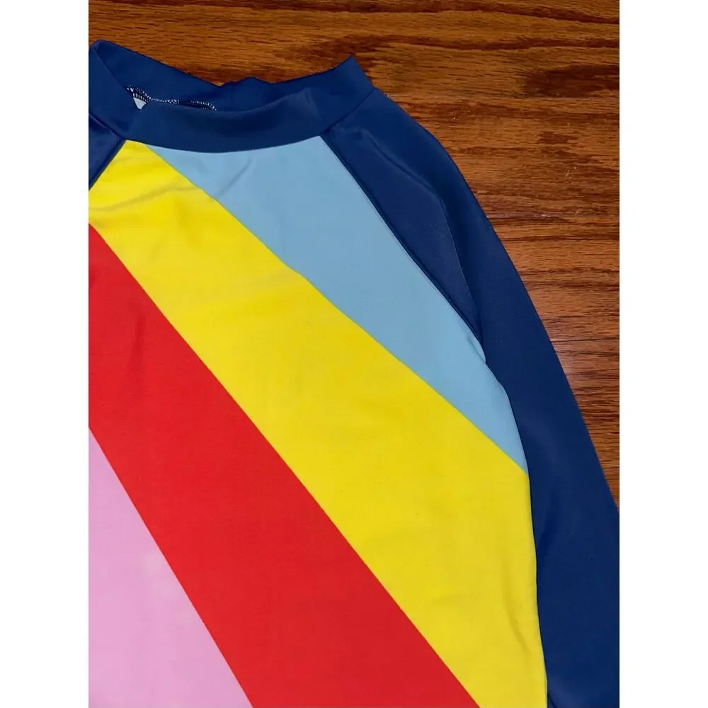 Mini Boden Rainbow Stripe Long Sleeve Rash Guard Swim Shirt Size 7-8Y